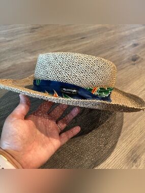 Vintage Panama Jack Natural Straw Fedora with Navy Tropical Band